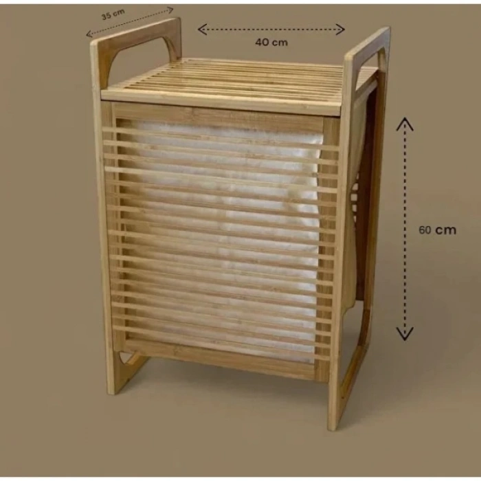 Nevamel Orta Boy Ahşap Bambu Kirli Sepeti 40x35x60