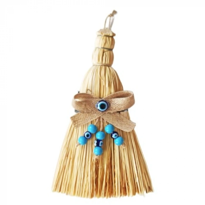 Nevamel Otantik Ahşap Boncuklu Mini Süpürge Nazar Boncuklu Duvar Süsü