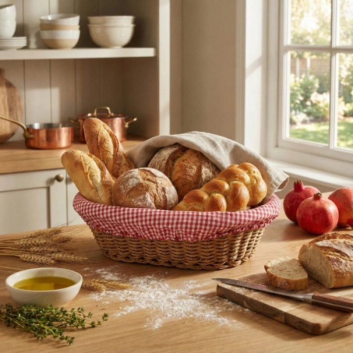 Nevamel Oval Renkli Bezli İp Hasır Ekmek Sepeti