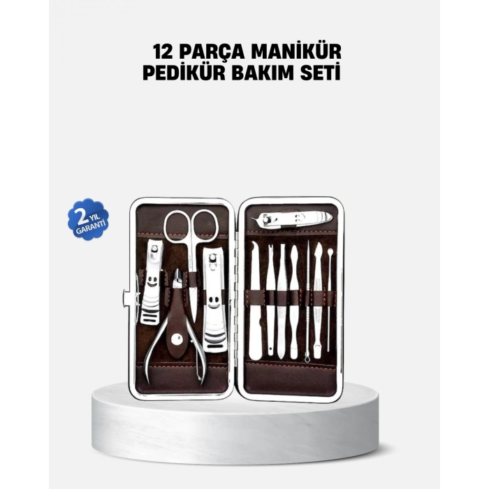Nevamel Özel Deri Çantalı 12 Parça Manikür Pedikür Bakım Seti Paslanmaz Çelik