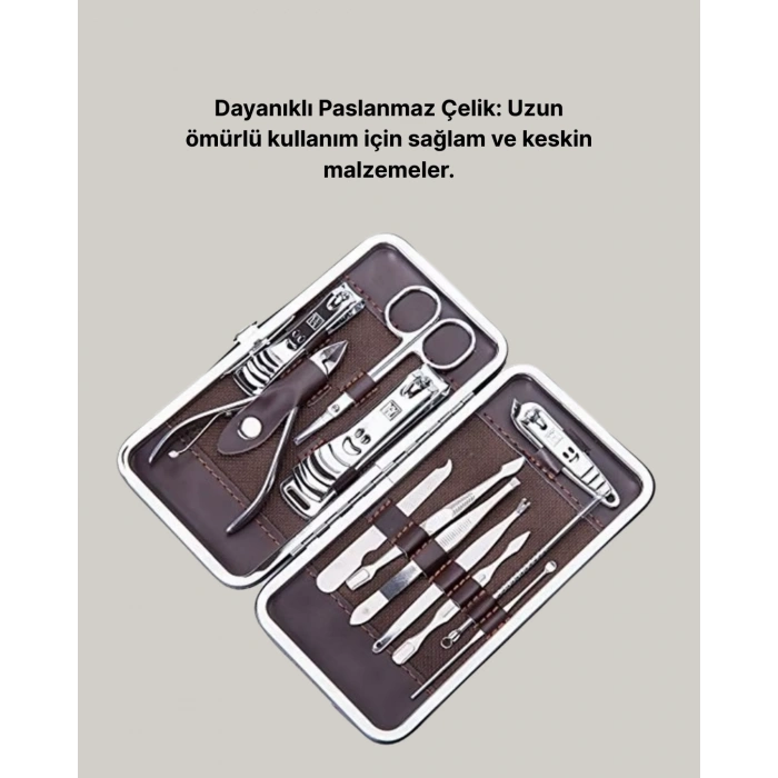 Nevamel Özel Deri Çantalı 12 Parça Manikür Pedikür Bakım Seti Paslanmaz Çelik
