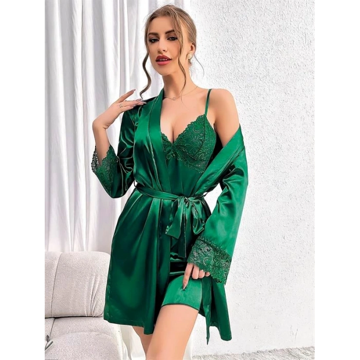 Nevamel® Özel Tasarım Dantel İşlemeli Göğüs Dekolteli Sabahlıklı 2Li Yeşil Saten Gecelik Takımı