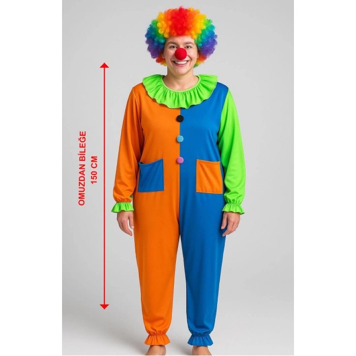 Nevamel Palyaço Kostüm Seti 150 cm (Peruk + Burun + Kostüm)