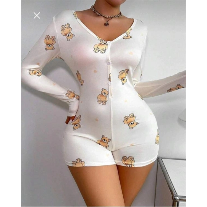Nevamel® Pamuklu Beyaz Ayıcık Desenli Düğmeli Uzun Kol Tulum Pijama