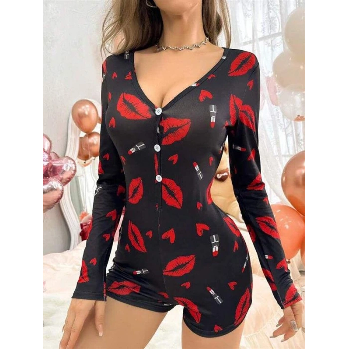 Nevamel® Pamuklu Kırmızı Ruj Ve Öpücük Desenli Düğmeli Uzun Kol Tulum Pijama