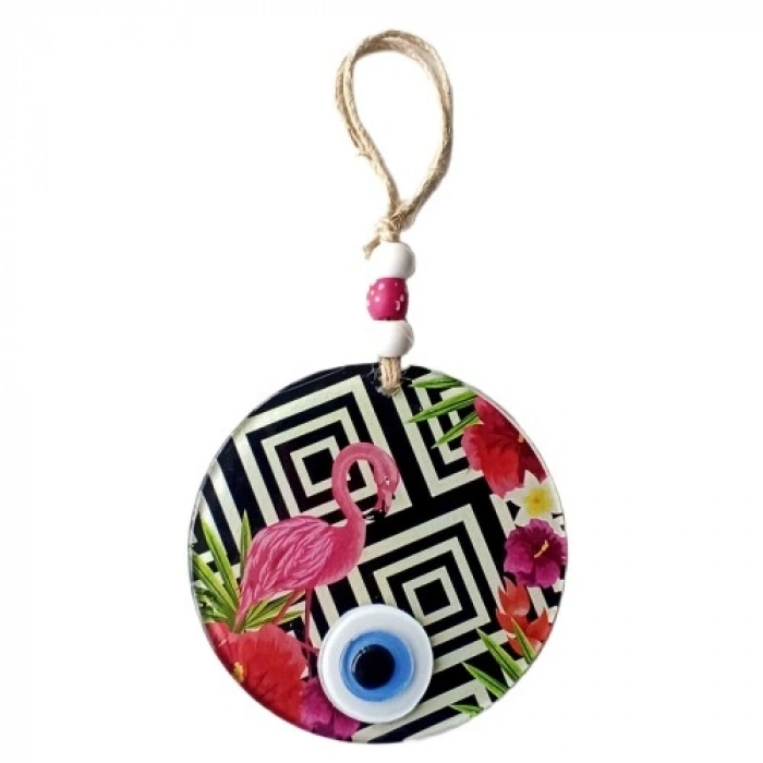 Nevamel Pembe Flamingolu Çiçekli Nazar Boncuklu 15 Santimetre Çapında Duvar Süsü