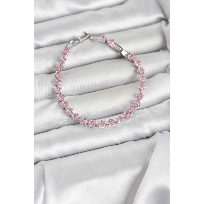 Nevamel® Pembe Kare Zirkon Taşlı Gümüş Renk Pirinç Su Yolu Kadın Bileklik 5886