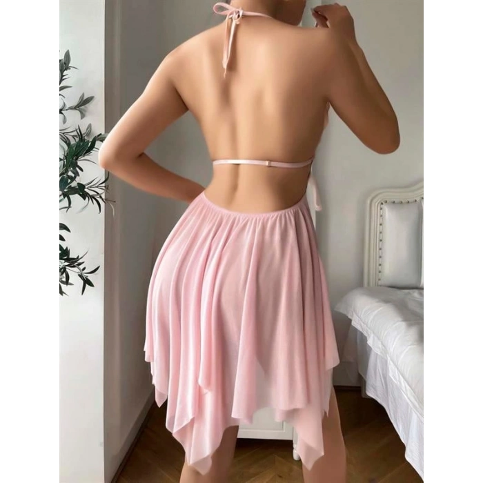 Nevamel® Pembe Kelebek İşlemeli Tül Fantezi Gecelik