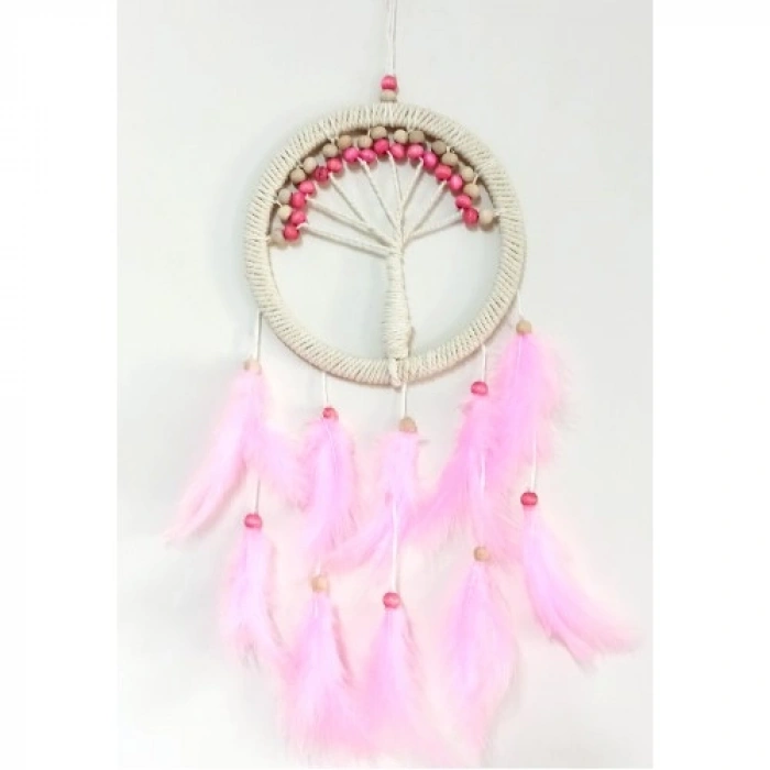 Nevamel Pembe Kuş Tüylü Hayat Ağacı Düş Kapanı Dream Catcher Duvar Süsü