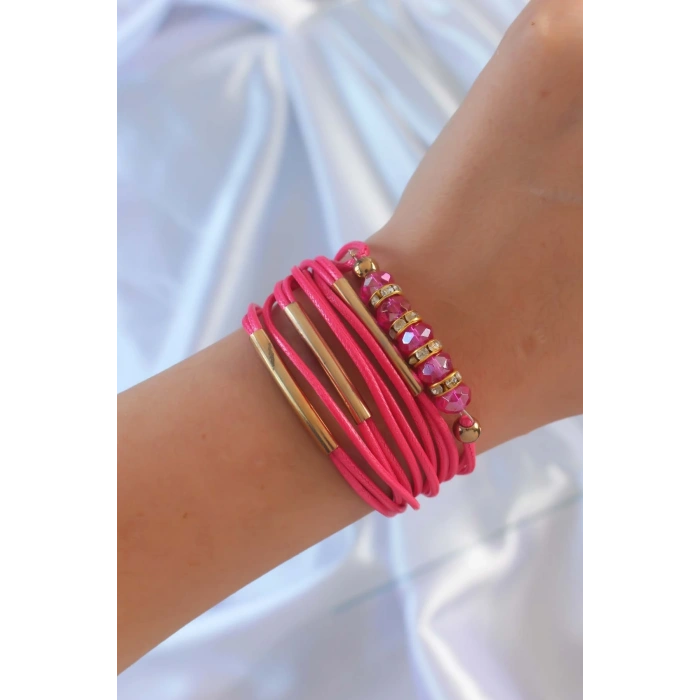 Nevamel® Pembe Renk Zirkon Taşlı Metal Aksesuarlı İpli Çoklu Bileklik 5886