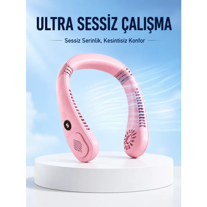 Nevamel® Pembe Şarjlı Boyun Fanı 5 Kademeli Hız Ayarlı Taşınabilir Boyun Tipi Fan
