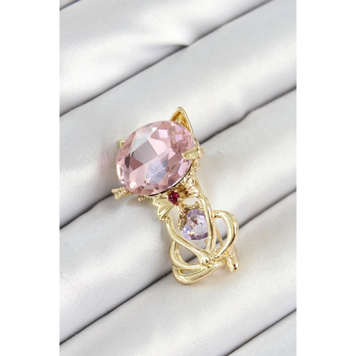 Nevamel® Pembe Zirkon Taşlı Kap Detaylı Kedi Figürlü Gold Renk Kadın Broş 5886
