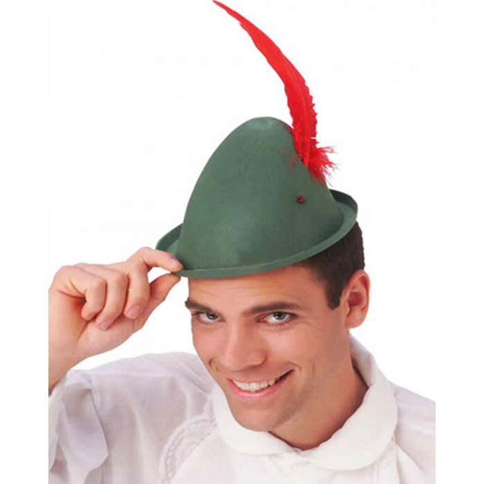 Nevamel Peter Pan Şapkası Yeşil Renk Kırmızı Tüylü