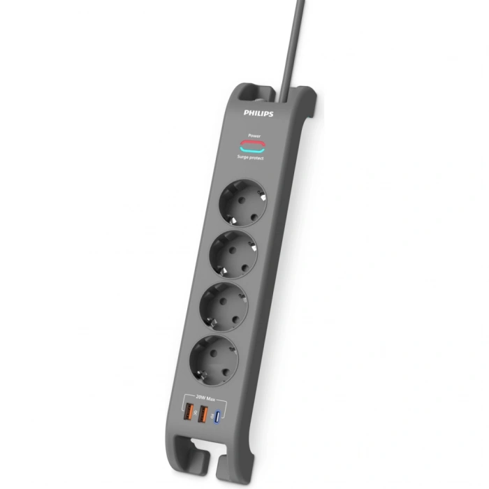 Nevamel® PHILIPS SPN4140GA/62 4 Soket Akım Korumalı Priz 2400 Joules 2Mt Kablo 1xUsb-C PD 20W Hızlı Şarj 2xUsb-A QC 18W (Gri)(1923)
