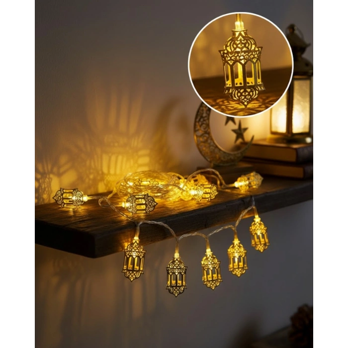 Nevamel® Pilli Altın Fenerli Ramazan Işıkları Dekoratif LED Zincir