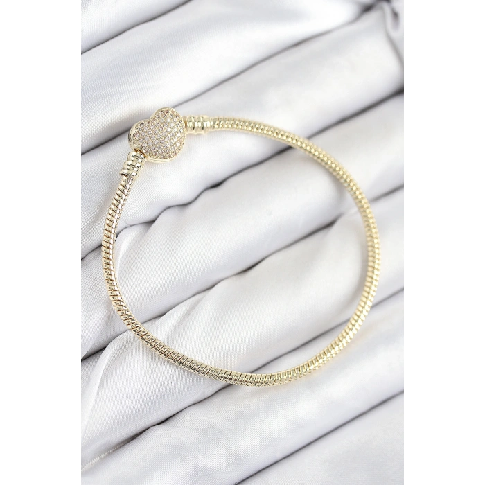 Nevamel® Pirinç Charm Zirkon Taşlı Kalp Model Gold Renk Kadın Bileklik 5886