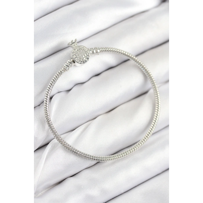 Nevamel® Pirinç Charm Zirkon Taşlı Taç Model Gümüş Renk Kadın Bileklik 5886