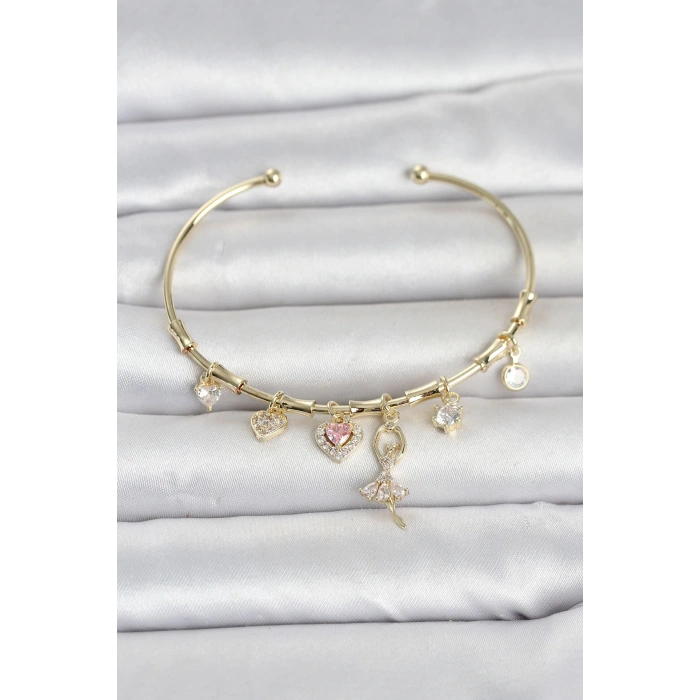 Nevamel® Pirinç Gold Renk Balerin Detay Charmlı Kadın Bileklik 5886