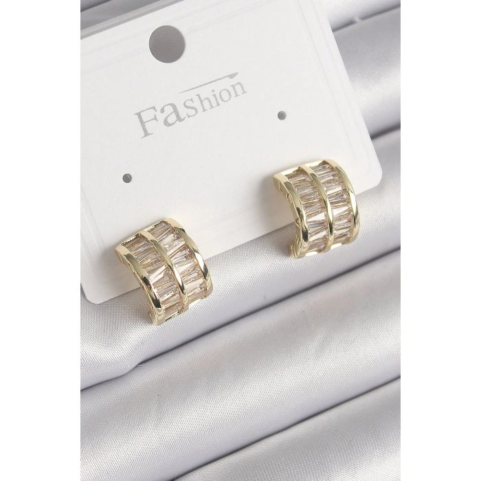 Nevamel® Pirinç Gold Renk Çift Sıra Zirkon Taşlı Kadın Küpe 5886