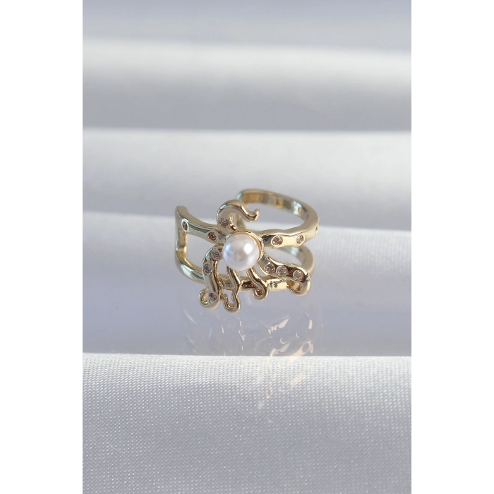 Nevamel® Pirinç Gold Renk İncili Ahtapot Earcuff Küpe 5886