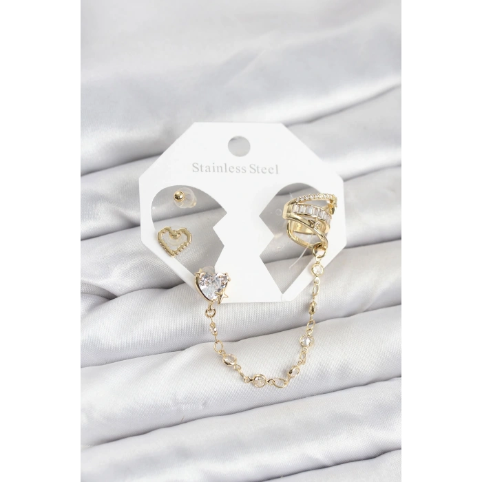 Nevamel® Pirinç Gold Renk Kalp Model Zincir Bağlantılı Ear Cuff Küpe Seti 5886