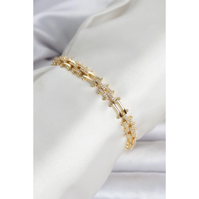 Nevamel® Pirinç Gold Renk Kare Zincir Model Zirkon Taşlı Kadın Bileklik 5886