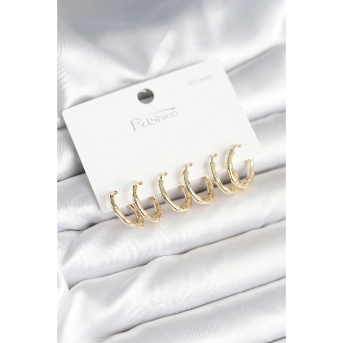 Nevamel® Pirinç Gold Renk Kemik Halka Model 925 Ayar Gümüş Çivili Kadın Küpe Seti 5886