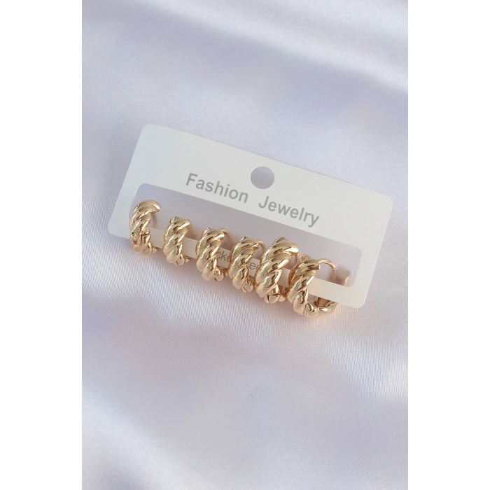 Nevamel® Pirinç Gold Renk Minimal Tırtıklı Küpe Seti 5886