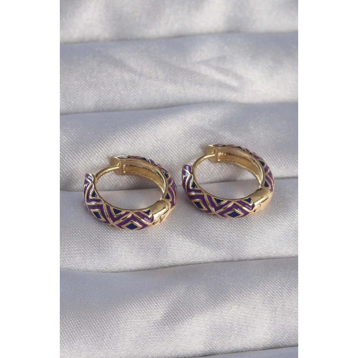 Nevamel® Pirinç Gold Renk Mor Etnik Desenli Halka Küpe 5886