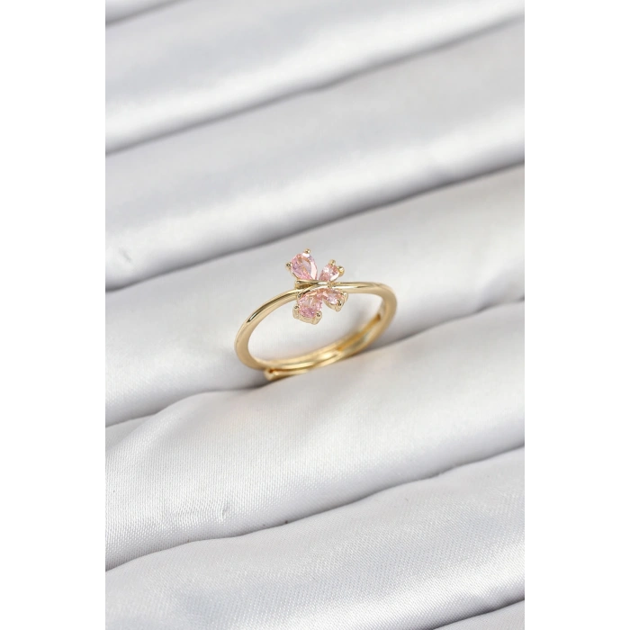Nevamel® Pirinç Gold Renk Pembe Kelebek Kadın Yüzük 5886