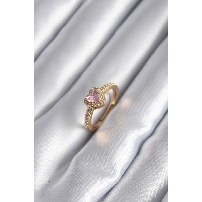 Nevamel® Pirinç Gold Renk Pembe Zirkon Taş Kalp Charm Model Kadın Yüzük 5886