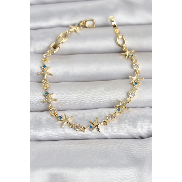 Nevamel® Pirinç Gold Renk Sıralı Deniz Yıldızı Model Kadın Bileklik 5886