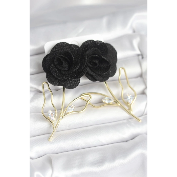 Nevamel® Pirinç Gold Renk Siyah Gül Model Kadın Küpe 5886