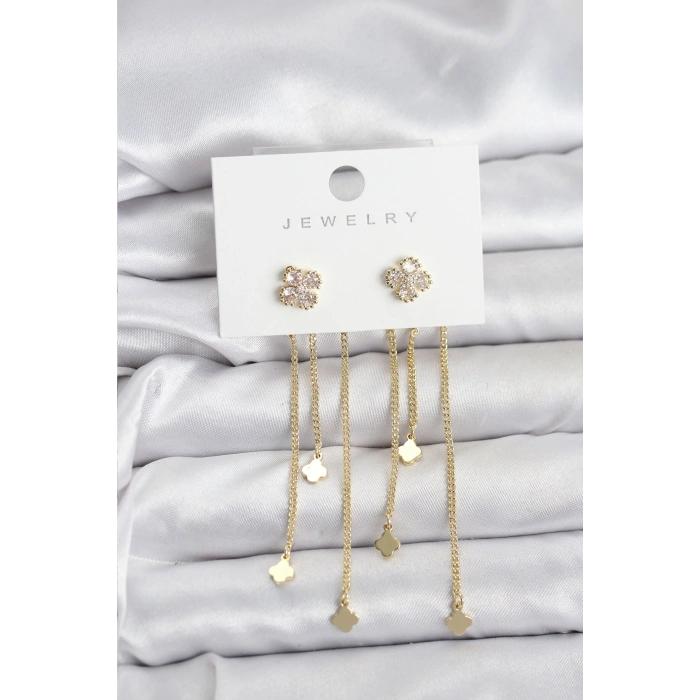 Nevamel® Pirinç Gold Renk Yonca Model Sallantılı Kadın Küpe 5886