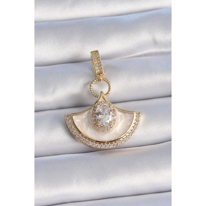 Nevamel® Pirinç Gold Renk Zirkon Taş Detaylı Beyaz Mineli Ajda Charm 5886