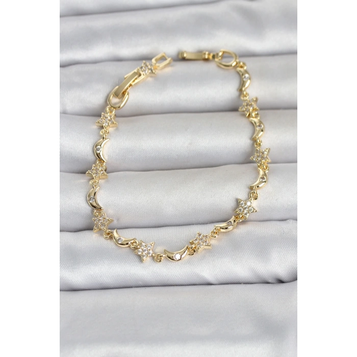 Nevamel® Pirinç Gold Renk Zirkon Taşlı Ay ve Yıldız Model Kadın Bileklik 5886