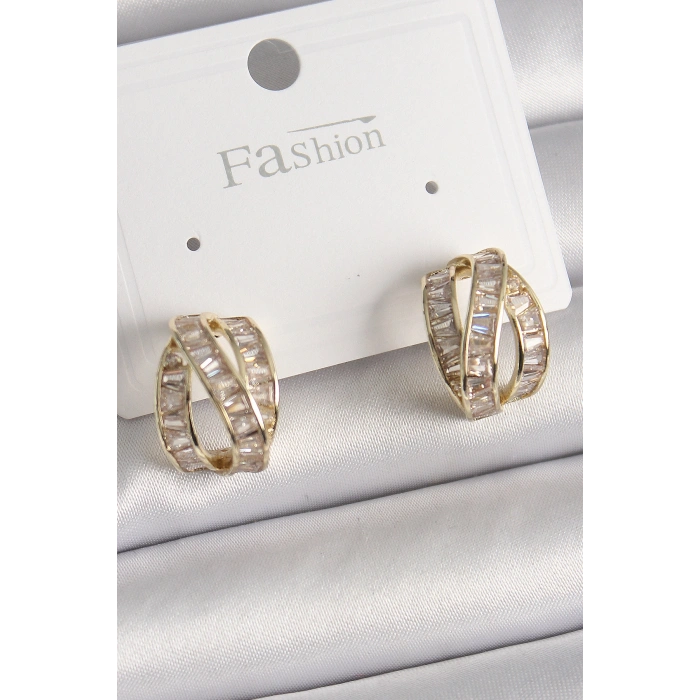 Nevamel® Pirinç Gold Renk Zirkon Taşlı Düğüm Halka Model Kadın Küpe 5886