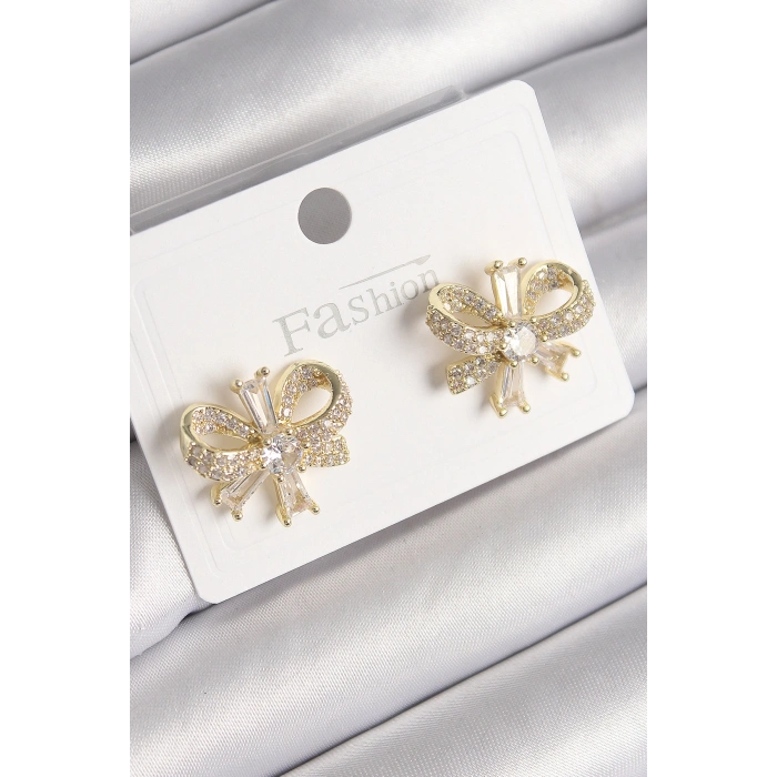 Nevamel® Pirinç Gold Renk Zirkon Taşlı Fiyonk Model Kadın Küpe 5886