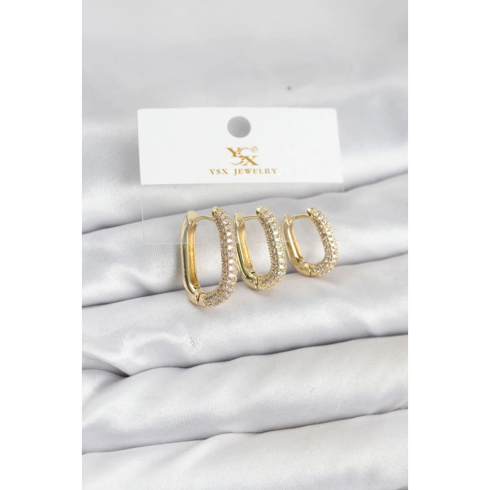 Nevamel® Pirinç Gold Renk Zirkon Taşlı Halka Model YSX Trio Küpe Seti 5886
