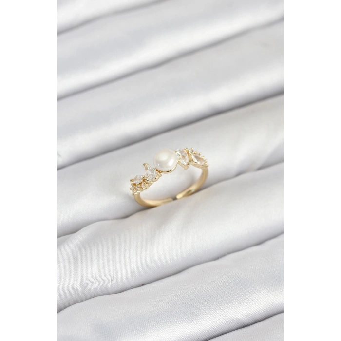 Nevamel® Pirinç Gold Renk Zirkon Taşlı İncili Model Kadın Yüzük 5886