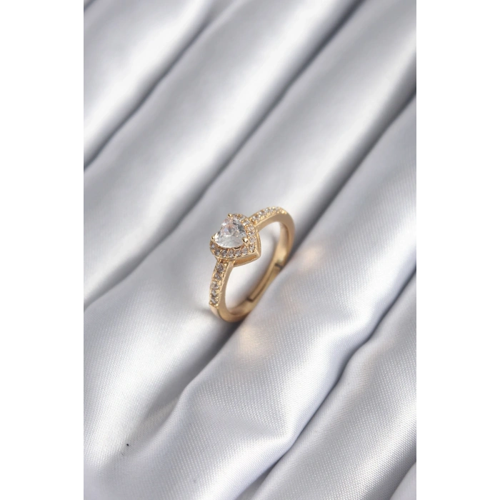Nevamel® Pirinç Gold Renk Zirkon Taşlı Kalp Charm Model Kadın Yüzük 5886