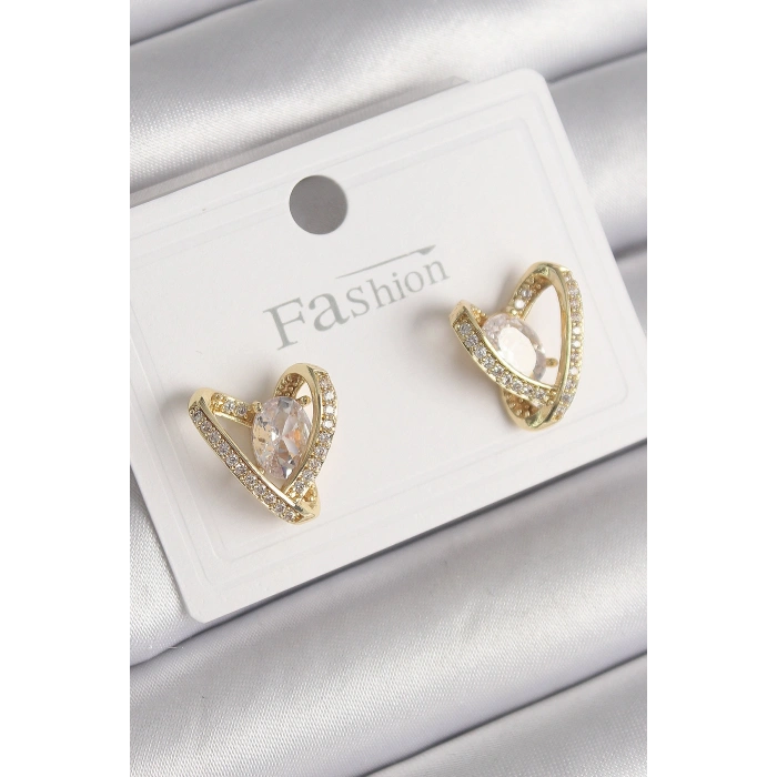 Nevamel® Pirinç Gold Renk Zirkon Taşlı Kalp Model Kadın Küpe 5886