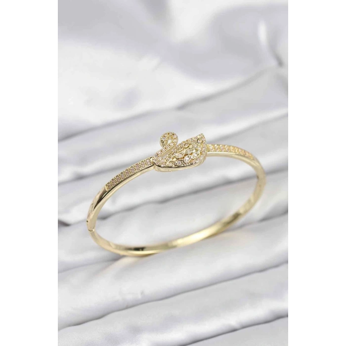 Nevamel® Pirinç Gold Renk Zirkon Taşlı Kuğu Model Kadın Kelepçe Bileklik 5886