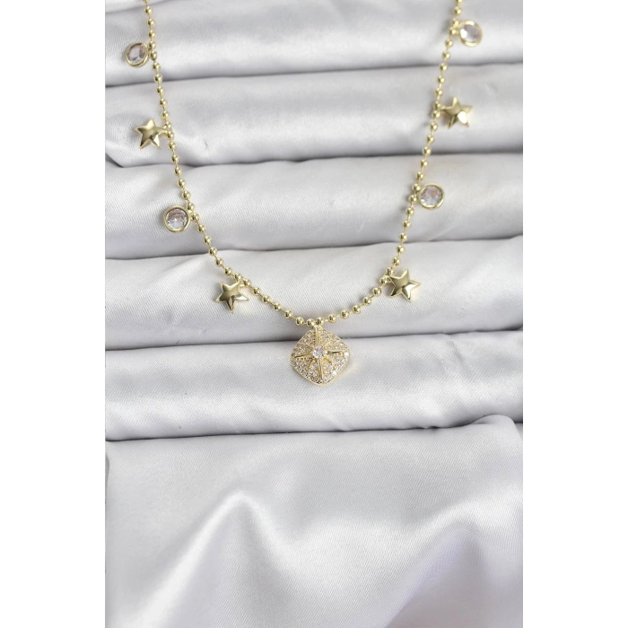 Nevamel® Pirinç Gold Renk Zirkon Taşlı Kutup Yıldızı Model Kadın Kolye 5886