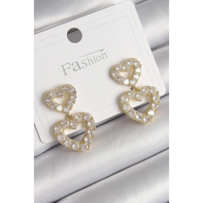 Nevamel® Pirinç Gold Renk Zirkon Taşlı Sallantı Kalp Model Kadın Küpe 5886
