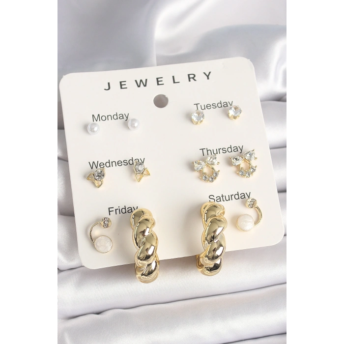 Nevamel® Pirinç Gold Renk Zirkon Taşlı Sarmal Halka Model 7Li Kadın Küpe Seti 5886