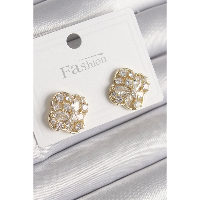 Nevamel® Pirinç Gold Renk Zirkon Taşlı Yonca Model Kadın Küpe 5886