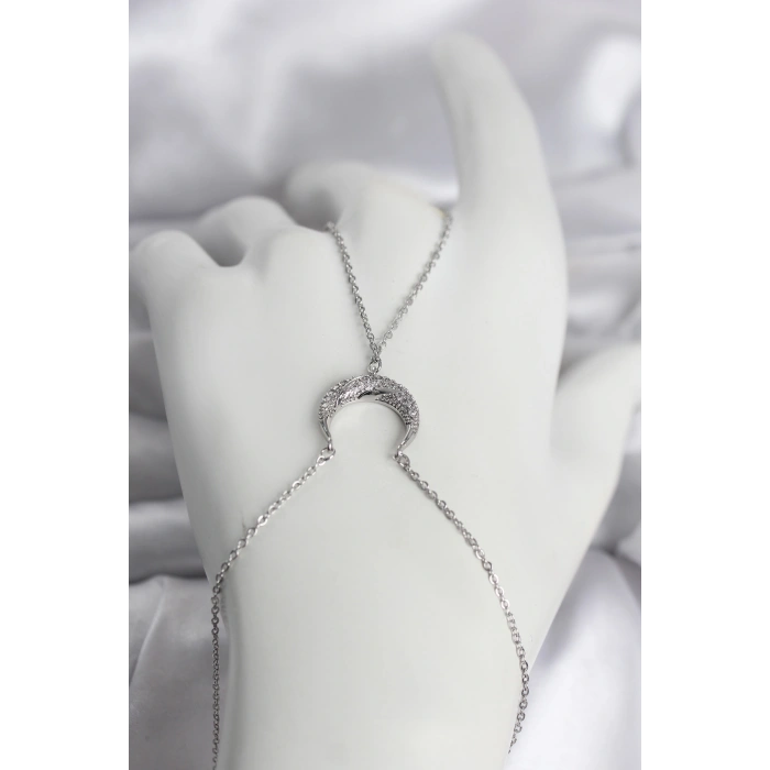 Nevamel® Pirinç Gümüş Renk Hilal Model Zirkon Taşlı Kadın Şahmeran 5886