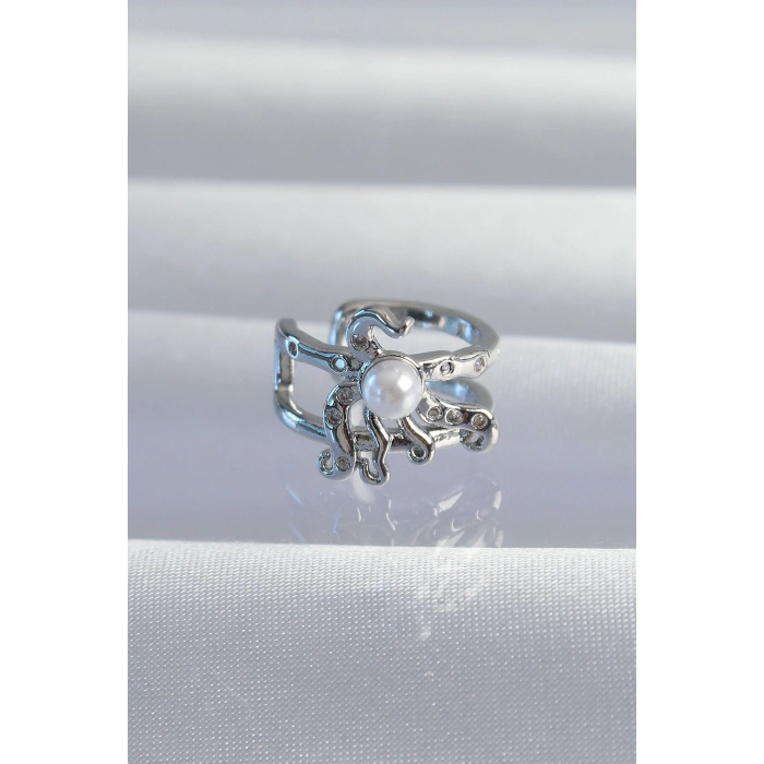 Nevamel® Pirinç Gümüş Renk İncili Ahtapot Earcuff Küpe 5886
