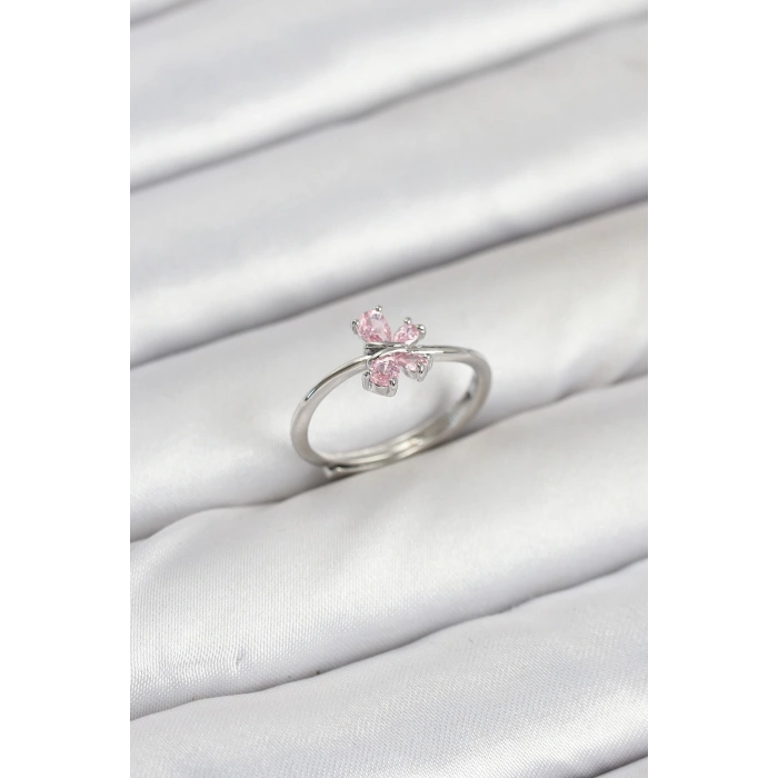 Nevamel® Pirinç Gümüş Renk Pembe Kelebek Kadın Yüzük 5886